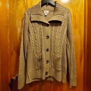 St John's Bay tan, button down sweater